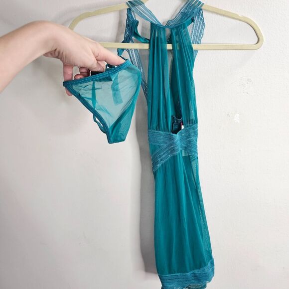 NWT Oh La La Cheri Fanfare Aqua Babydoll Lingerie Nighty Detail & G-String OS - Picture 5 of 10